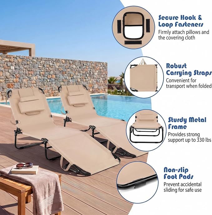 Goplus Tanning Chair, Folding Beach Lounge Chair with Face Hole, Removable Pillow, Carry Strap, Position Adjustable, Sunbathing Chair, Portable Outside Lounge Chair for Patio Pool
