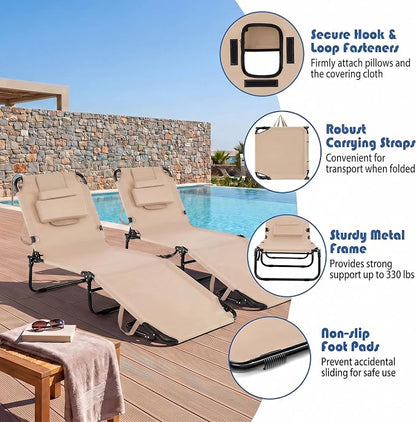 Goplus Tanning Chair, Folding Beach Lounge Chair with Face Hole, Removable Pillow, Carry Strap, Position Adjustable, Sunbathing Chair, Portable Outside Lounge Chair for Patio Pool