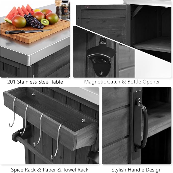 RUNNA 78.3" Outdoor Kitchen Island with Foldable Grill Table, Wooden Outdoor Grill Cart with Trash Can Storage & Stainless Steel Top, Outdoor Bar Cart, Pizza Oven Table for Lawn & Garden (Black@76)