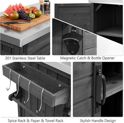 RUNNA 78.3" Outdoor Kitchen Island with Foldable Grill Table, Wooden Outdoor Grill Cart with Trash Can Storage & Stainless Steel Top, Outdoor Bar Cart, Pizza Oven Table for Lawn & Garden (Black@76)