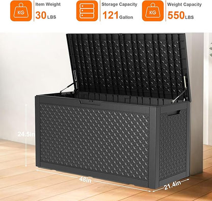 PatioZen 121 Gallon Resin Deck Box, Lockable Outdoor Storage Box for Patio Cushions Storage Furniture,Garden Tools, Pool Supplies, Weatherproof and UV Resistant (Black)