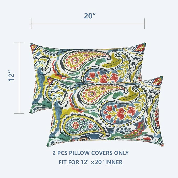 LVTXIII Set of 2 Patio Lumbar Pillow Covers ONLY, 12" x 20" Fade Resistant Outdoor Lumbar Pillow Cases, Fluffy Decorative Garden Lumbar Cushions Covers for Home Patio Coach Sofa Use, Paradise Paisley