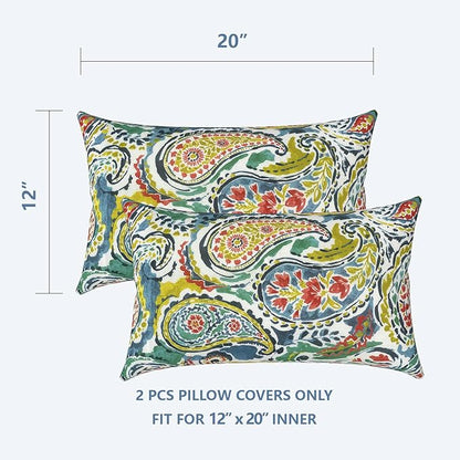 LVTXIII Set of 2 Patio Lumbar Pillow Covers ONLY, 12" x 20" Fade Resistant Outdoor Lumbar Pillow Cases, Fluffy Decorative Garden Lumbar Cushions Covers for Home Patio Coach Sofa Use, Paradise Paisley