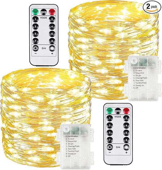 2 Pack 100 LED Fairy Lights Battery Operated with Remote, 33 FT Warm White | Cuttable, 8 Modes, Memory, Dimmable, Waterproof Battery String Lights with Timer for Indoor Outdoor, Christmas Decorations