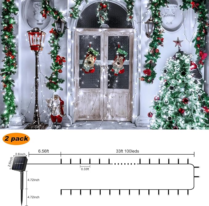 2 Pack Solar String Lights for Outside,Each 33Ft 100 LED Solar String Lights Outdoor Waterproof with 8 Modes,Solar Lights Outdoor for Patio, Garden, Tree, Party Decor-Cool White