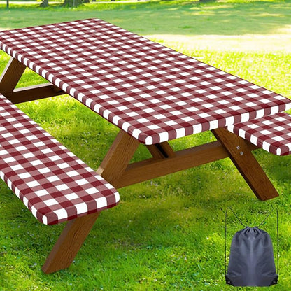 Smiry Picnic Table Cover with Bench Covers, Waterproof Elastic Fitted Tablecloths for 8 Foot Rectangle Tables, Washable Buffalo Plaid Tablecloth for Camping, Outdoor (Burgundy & White, 30"x96")