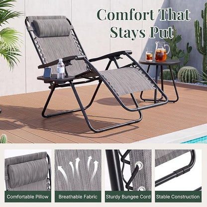 Zero Gravity Chairs Set of 4, Outdoor Folding Lounge Chairs | Foldable Reclining Patio Lawn Chairs with Mesh Back, Adjustable Pillows and Cup Holder Trays, for Pool, Beach, Backyard