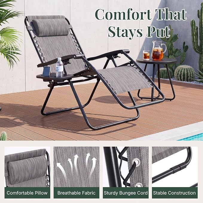 Zero Gravity Chairs Set of 2, Outdoor Folding Lounge Chairs | Foldable Reclining Patio Lawn Chairs with Mesh Back, Adjustable Pillows and Cup Holder Trays, for Pool, Beach, Backyard