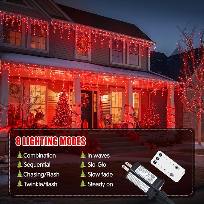 JMEXSUSS 400 LED Red Icicle Christmas Lights Outdoor | Connectable Red icicle Lights Indoor Outdoor with Remote, Christmas Lights for Valentine Room Fireplace Christmas Decorations
