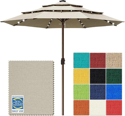 EliteShade USA 10-Year-Non-Fading 10ft 3-Tier Market Patio Umbrella, Commercial Table Umbrella with 80 Solar LED Lights, Crank Open, Windproof & UPF 50+ UV Protection for Garden, Deck, Pool, Backyard, No Tilt, Antique Beige