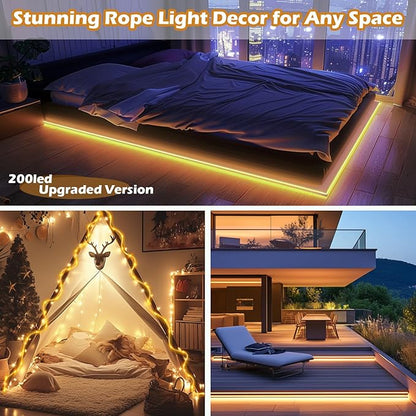 LairtPOW Solar Rope Lights with Remote,72FT 200LEDs Outdoor Solar Strip Lights,IP67 Waterproof USB Charging Solar String Lights, Timing & 8 Modes Outdoor Fairy Light for Garden Patio Tree (Warm White)