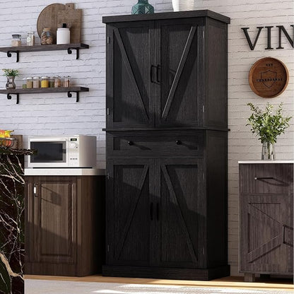 kepptory 72" Tall Kitchen Pantry Cabinet, Black Pantry Storage Cabinet with Adjustable Shelves, Barn Doors and Drawer, Farmhouse Cupboard for Kitchen, Dining Room, Bathroom (16" D x 30" W x 72" H)