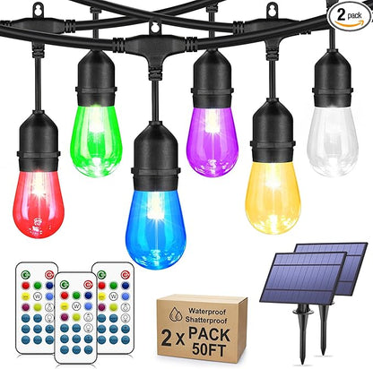 Larkvue 100FT(2x50FT) RGB Solar Outdoor String Lights with Remote, Multicolor&Warm White Dimmable Waterproof Patio Lights with 30 LED S14 Bulbs-Black