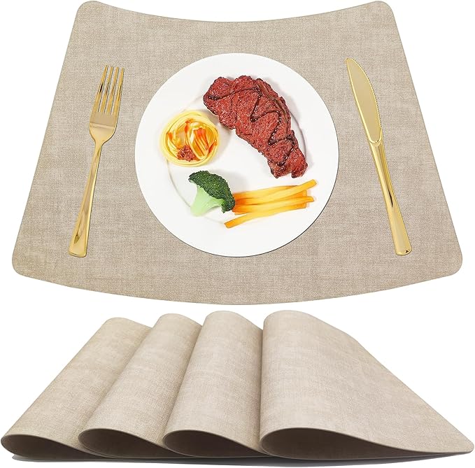 Round Table Placemats Set of 4, Beige Wedge Shaped Faux Leather Placemats, Non-Slip Heat Resistant Washable Mats for Kitchen Dining Patio BBQ