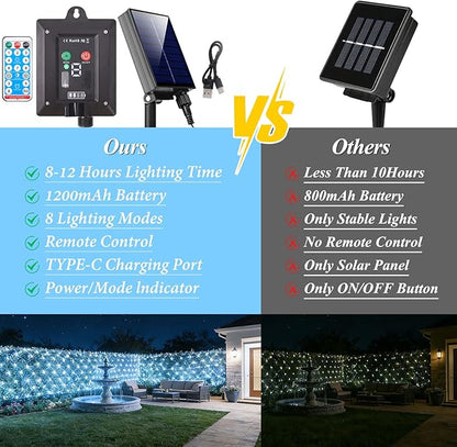 10ft x 10ft Solar Net Lights, 280LED Gazebo Mesh Lights Solar & USB Powered, Waterproof Netting Lights 8 Modes Clear Wire for Bushes Patio Garden Christmas Holiday Party Outdoor Decor (Cool White)