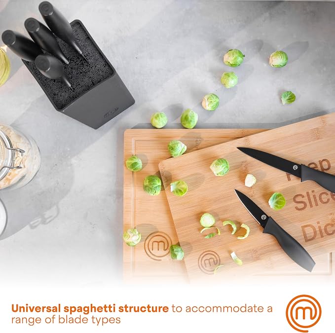 MasterChef Knife Set with Block, 7pc Kitchen Knives Set with Holder, Black | Knife Block Set with Sharp Stainless Steel Blades for Precise Cutting with Non Stick Coating & Soft Touch Easy Grip Handles