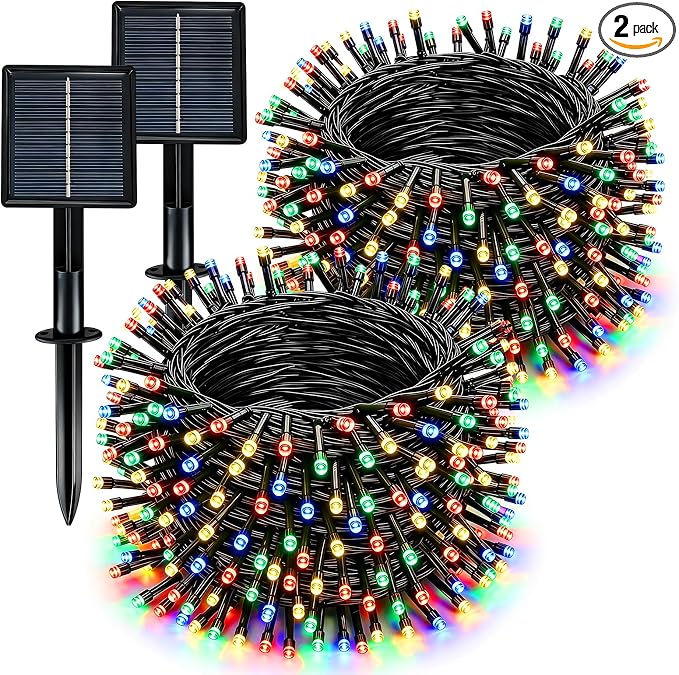 Solar String Lights Outdoor Waterproof 2 Pack Total 66ft 200LED Multicolor | 8 Modes Twinkle Lights Solar Fairy Lights for Patio, Garden Yard Party Wedding Tree Christmas Halloween Decoration
