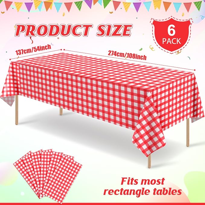6 Pcs Red Gingham Tablecloths, Checkered Party Table Covers 54x108 Inch | Red and White Checkered Tablecloths, Disposable Plastic Waterproof for Hot Dog Party Picnic Camping Barbecue Birthday Party