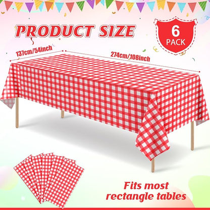 6 Pcs Red Gingham Tablecloths, Checkered Party Table Covers 54x108 Inch | Red and White Checkered Tablecloths, Disposable Plastic Waterproof for Hot Dog Party Picnic Camping Barbecue Birthday Party