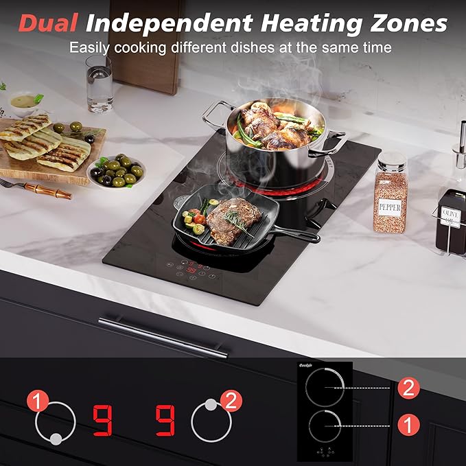 2 Burner Electric Cooktop, 12 inch Electric Stove Top 3000W, Double Burners Ceramic Cook Top with 9 Power Levels, Safety Lock, Timer, Sensor Touch Control, 220-240V Hard Wired (No Plug)