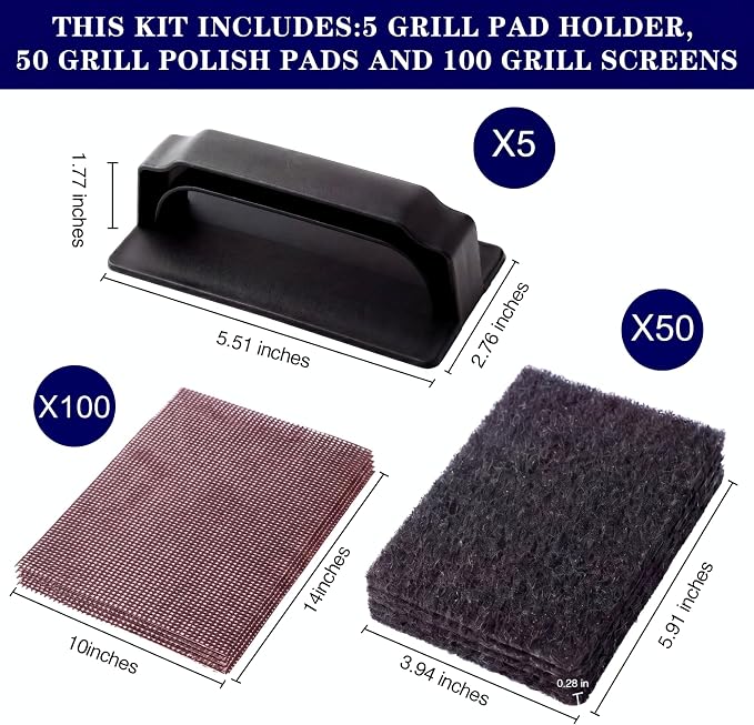 Reallnaive 155 Pcs Griddle Cleaning Kit for Flat Top Grill,Black | Screen Holder, Grill Screens Cleaning Pads, Heavy Duty Abrasive Mesh Pads for Cast Iron, Stainless Steel Griddle Cleaner