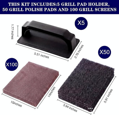 Reallnaive 155 Pcs Griddle Cleaning Kit for Flat Top Grill,Black | Screen Holder, Grill Screens Cleaning Pads, Heavy Duty Abrasive Mesh Pads for Cast Iron, Stainless Steel Griddle Cleaner