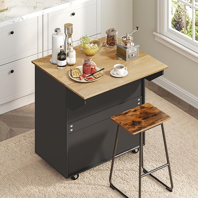 MAHANCRIS Kitchen Island on Wheels with Drop Leaf, Folding Countertop Kitchen Island Cart, Kitchen Islands Table with Towel Rack, Drawer, for Kitchen, Dining Room, Black and Natural KINB12501