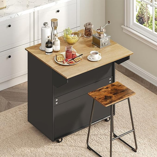 MAHANCRIS Kitchen Island on Wheels with Drop Leaf, Folding Countertop Kitchen Island Cart, Kitchen Islands Table with Towel Rack, Drawer, for Kitchen, Dining Room, Black and Natural KINB12501