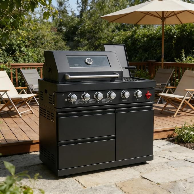 46" Stainless Steel Outdoor Kitchen BBQ Island Grill with LPG Black | Stainless Steel Outdoor Kitchen Island, 6-Burner 75300 BTU Propane Gas BBQ Grill