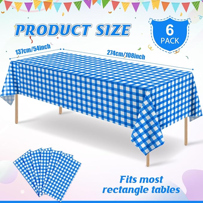 6Pcs Blue and White Gingham Tablecloth Decorations, Disposable Plastic Blue Checkered Tablecloth Buffalo Plaid Table Cover for Baby Shower Bridal Wedding Birthday Party Supplies,54 x 108 Inch