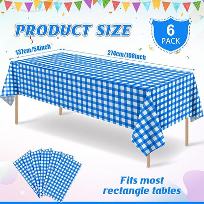 6Pcs Blue and White Gingham Tablecloth Decorations, Disposable Plastic Blue Checkered Tablecloth Buffalo Plaid Table Cover for Baby Shower Bridal Wedding Birthday Party Supplies,54 x 108 Inch