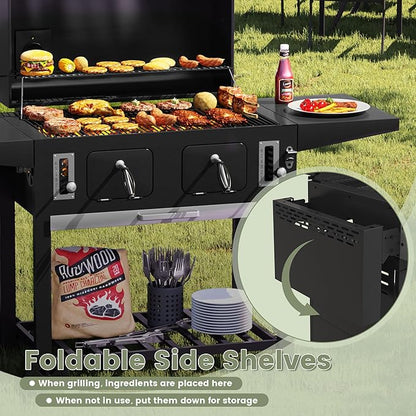 Extra Large Charcoal Grill, Outdoor BBQ Grill with Adjustable Charcoal Trays and Foldable Side Tables, Heavy-Duty Barbecue Grill Smoker for Patio, Camping, Backyard