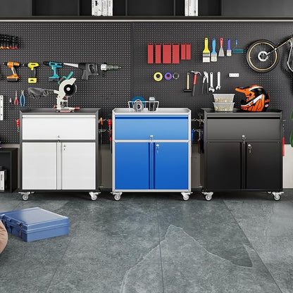 Aobabo Rolling Metal Garage Cabinet, Lockable Storage Cabinet with 1 Drawer, Pegboards, Hooks & Wheels, Heavy Duty Steel Utility Cabinet for Garage, Workshop, Home Office, Black, Assembly Required