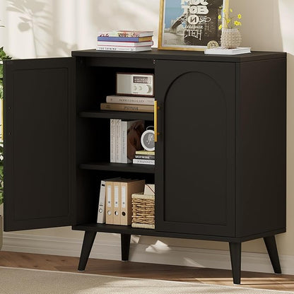 Keehusux 15.7" D Black Storage Cabinet with 2 Doors & Adjustable Shelf | Accent Buffet Sideboard Solid Wood Legs, Coffee Bar, Modern Floor Storage Cabinet for Kitchen, Living Room