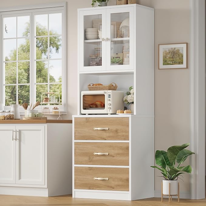71“ Tall Kitchen Pantry Storage Cabinet with Microwave Stand, Buffet Kitchen Hutch with Shelves and Drawers, Wood Coffee Bar Pantry Cabinet with Glass Doors, for Dining Room/Small Space, Khaki