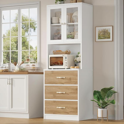 71“ Tall Kitchen Pantry Storage Cabinet with Microwave Stand, Buffet Kitchen Hutch with Shelves and Drawers, Wood Coffee Bar Pantry Cabinet with Glass Doors, for Dining Room/Small Space, Khaki