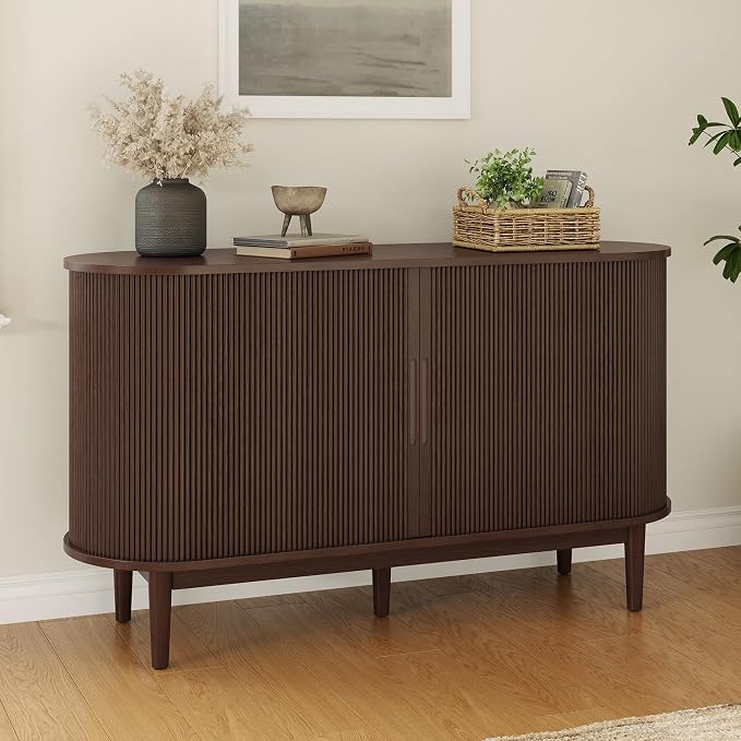 LINSY HOME 55" Sideboard Buffet Cabinet,Tambour Sliding Doors & Drawer | Vintage Walnut Fluted Coffee Bar Cabinet with Storage, Mid Century Modern Wood Storage Buffet Table for Kitchen, Living Room
