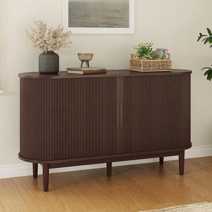 LINSY HOME 55" Sideboard Buffet Cabinet,Tambour Sliding Doors & Drawer | Vintage Walnut Fluted Coffee Bar Cabinet with Storage, Mid Century Modern Wood Storage Buffet Table for Kitchen, Living Room