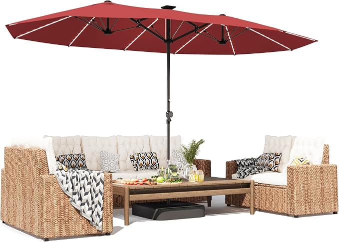 GDPFN 15ft Large Patio Umbrella with Solar Lights, Outdoor Double-Side Rectangular Umbrella with Base Included, Backyard Pool Umbrella with LED Light for Deck, Outside, Market, Burgundy