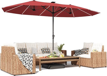 GDPFN 15ft Large Patio Umbrella with Solar Lights, Outdoor Double-Side Rectangular Umbrella with Base Included, Backyard Pool Umbrella with LED Light for Deck, Outside, Market, Burgundy