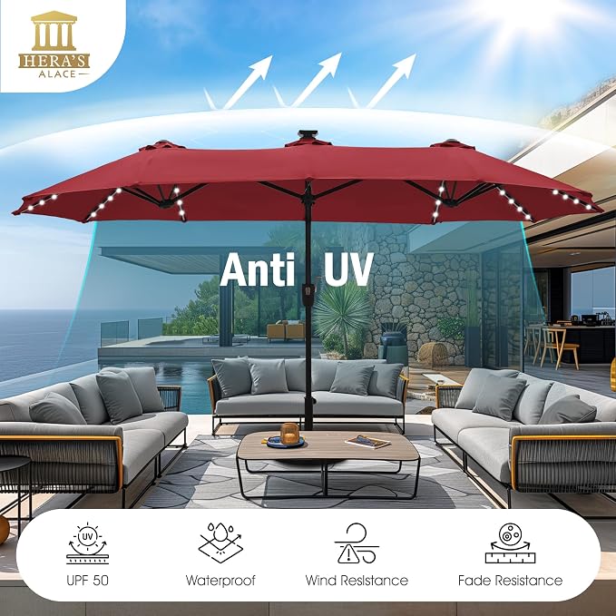 HERA'S PALACE 13 ft Patio Umbrella with 120 LED Solar Lights Double Sided Outdoor Umbrella for Patio 8 Colors Changing Table Umbrella for Garden Pool, Orange Red