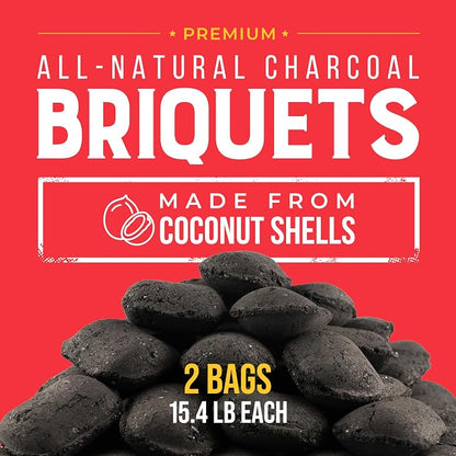 FOGO Coco Briquets All-Natural Charcoal Made from Coconut Shells, Long-Lasting Clean Burning BBQ Fuel for Grilling and Smoking, 15 lb Bag, 2-Pack