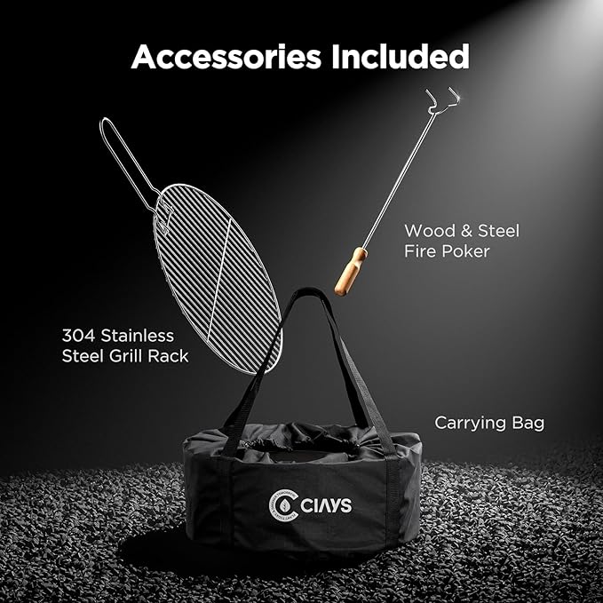 Ciays 19 Inch Smokeless Firepit, Portable for Outside Camping, Black | 19 Inch Smokeless Fire Pit for Camping with Steel Grill Rack, Fire Poker, and Bag, Easy Setup and Storage, Wood Burning