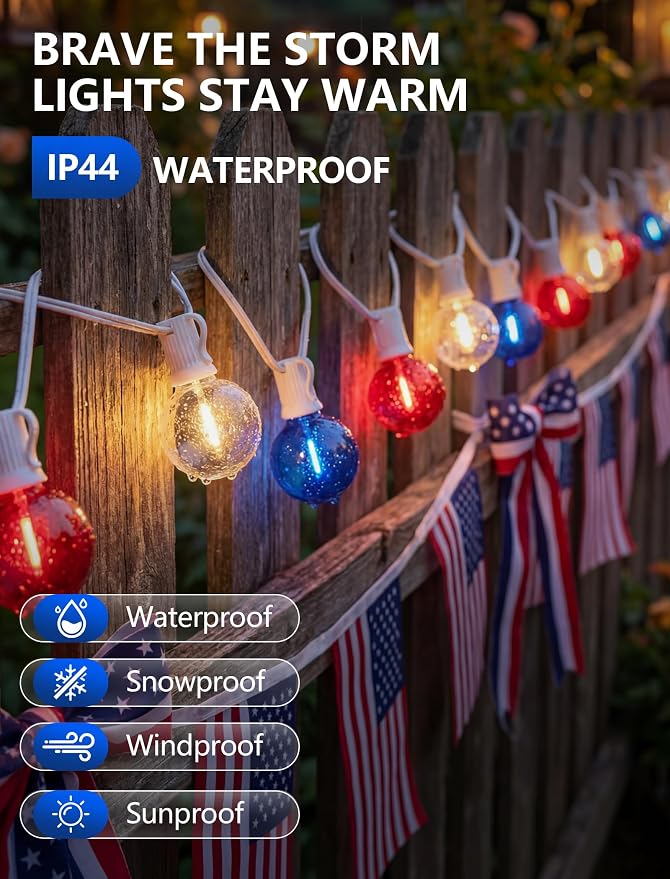 SUNSGNE 4th of July Decorations G40 LED Outdoor String Lights, 50FT Globe String Lights with 25 LED Red White and Blue Lights for Patriotic Memorial Day Decor, E12 Socket Base, White Wire
