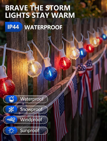 SUNSGNE 4th of July Decorations G40 LED Outdoor String Lights, 50FT Globe String Lights with 25 LED Red White and Blue Lights for Patriotic Memorial Day Decor, E12 Socket Base, White Wire