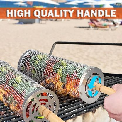 Rolling Grill Baskets for Outdoor Grill, 2 Pcs Stainless Steel Grill Basket with Removable Wooden Handle, Camping Picnic BBQ Accessories Tools for Grilling Vegetables, Gifts for Men