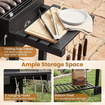 HAPPYGRILL Charcoal Grill, 752 sq.in Oversized Outdoor Smoker BBQ Grill with Individual Lifting Charcoal Trays, Folding Side Tables, Thermometer, Wheels, Bottle Opener & Protective Cover, Black