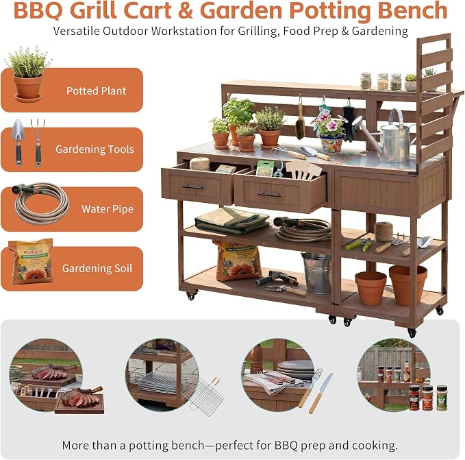 Outdoor Kitchen Cart with Stainless Steel Top, 62.3 Inch | Fir wood frame, stainless surface, raised shelf, fixed shelf, 2 lockable wheels, split-use design, BBQ prep, patio garden use
