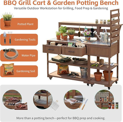 Outdoor Kitchen Cart with Stainless Steel Top, 62.3 Inch | Fir wood frame, stainless surface, raised shelf, fixed shelf, 2 lockable wheels, split-use design, BBQ prep, patio garden use