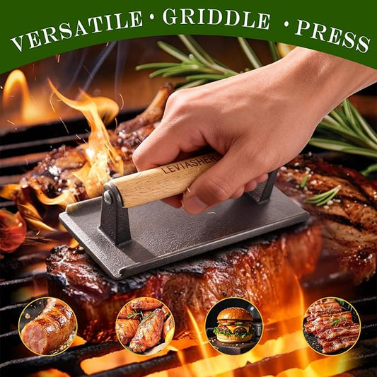 2Pack 2.3lb Steak Weight & Burger Press, Striped Base, 7" Round 7"X4" Heavy Duty Cast Iron Grill Press with Wood Handle for Blackstone, Chef, Camp, Panini, Vegetable, Bacon, Sandwich, BBQ